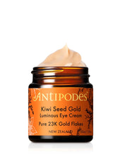 Brightening, anti-aging eye cream. Pure 23K gold flakes impart a warm, healthy glow while helping to calm stressed skin. Skin Benefits New Zealand kiwi fruit oil, rich in vitamin C, adds immediate moisture and helps softens fine lines.