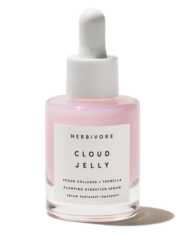 A non-sticky, hyaluronic acid-alternative serum that helps dry, dehydrated skin bounce back. Tremella mushroom, a hyaluronic acid alternative, and vegan collagen leave skin feeling hydrated and plump. Scent: Natural, light floral and fruit, Texture: Bouncy, jelly-like serum, Color: Light pink