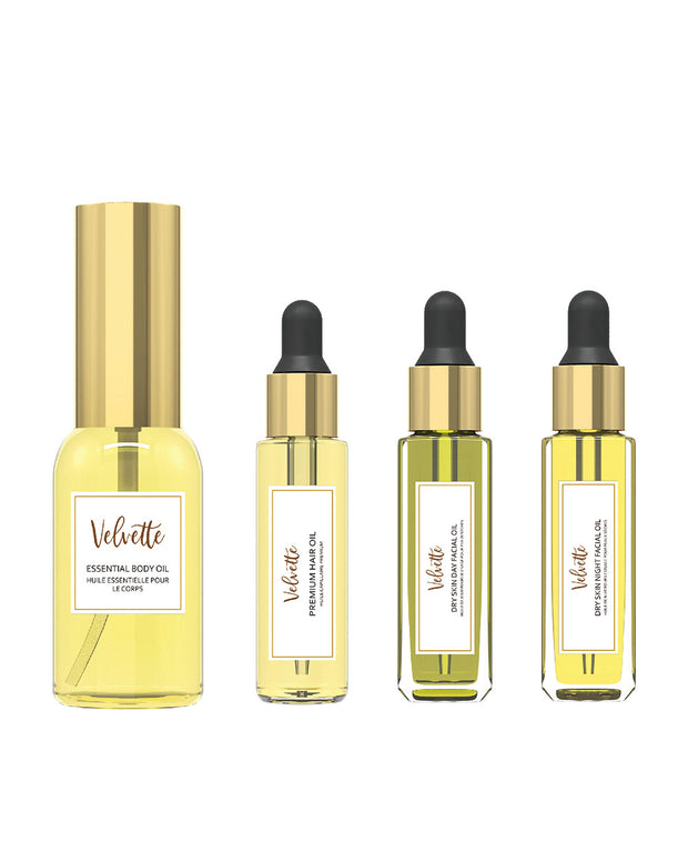 Velvette Dry Skin Collection Gift Set:  contains four travel sized beauty essentials. Send a love letter to yourself, or to someone you love! Velvette’s all natural and organic oils are the perfect way to pamper this Holiday Season or any time of year. Give the gift of self love and self care and nourish their skin and soul!