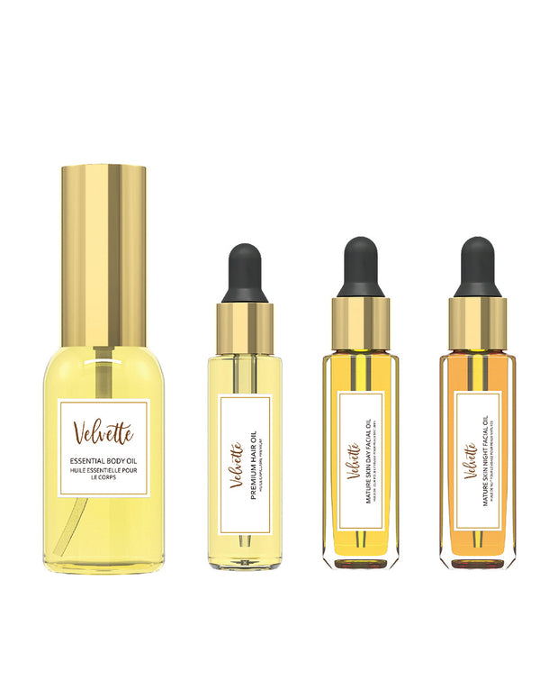 Velvette Mature Skin Collection Gift Set:  contains four travel sized beauty essentials. Send a love letter to yourself, or to someone you love! Velvette’s all natural and organic oils are the perfect way to pamper this Holiday Season or any time of year. Give the gift of self love and self care and nourish their skin and soul!