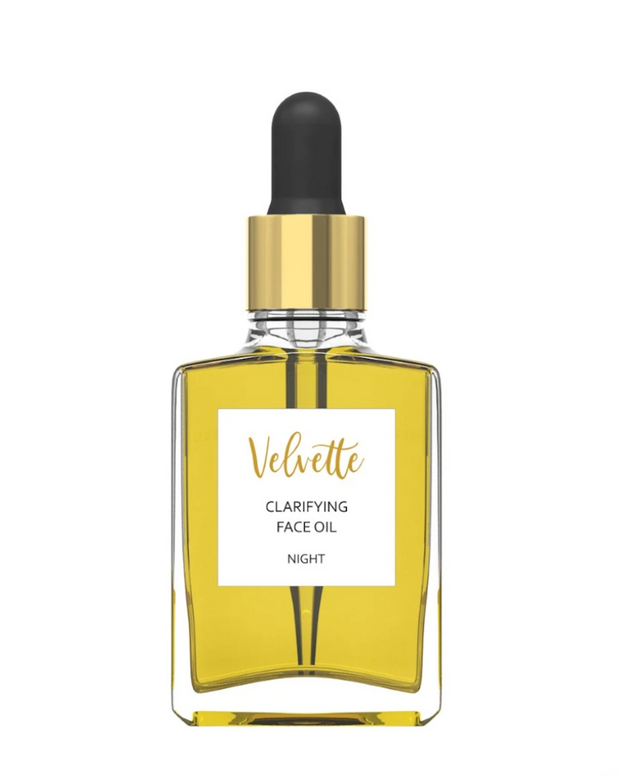 Wake up to clearer looking skin with Velvette Clarifying Face Oil (Night)! Suitable for combination or blemish prone skin, this powerful, all-natural face oil contains soothing horse chestnut extract and organic oils like camellia and hemp seed