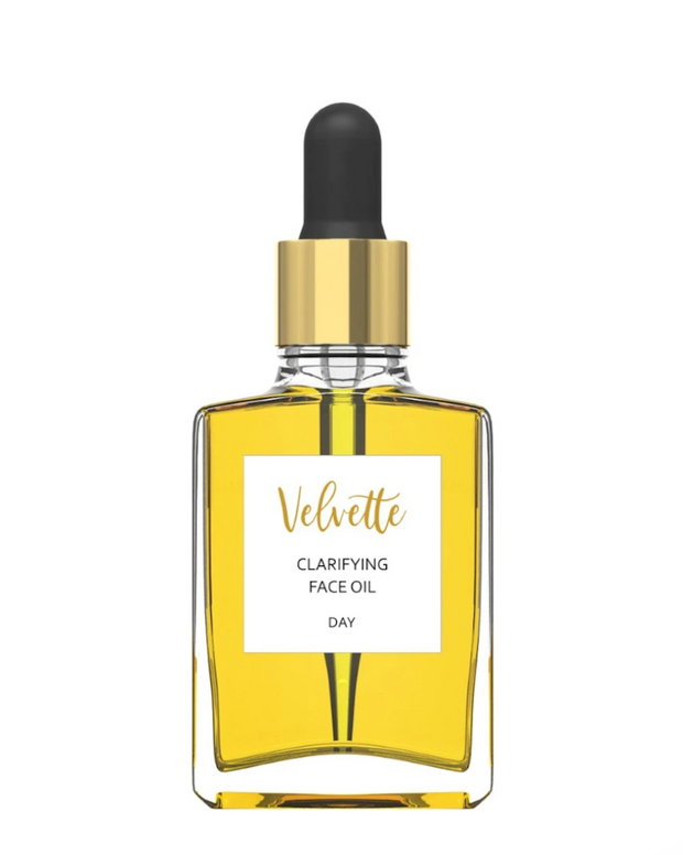 For combination or blemish prone skin, Velvette Clarifying Face Oil (Day) is made with gentle, all-natural, and quick absorbing organic plant oils like rosehip, perilla and borage. This light face oil won’t clog pores and provides just the right amount of moisture for smooth, clearer looking skin.
