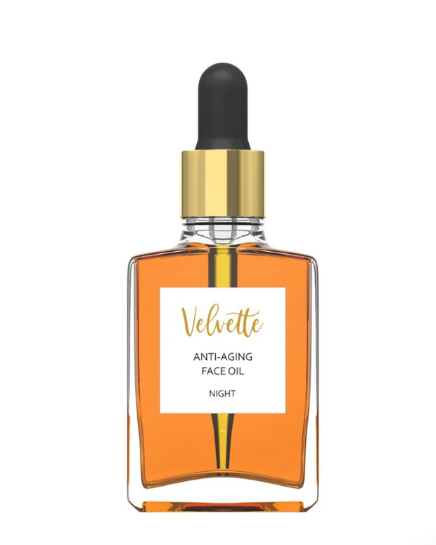 Velvette Anti-Aging Face Oil (Night) contains nature’s most effective and moisturizing ingredients to help prevent the signs of aging. With premium plant oils like sea buckthorn, and extracts like hibiscus and white willow bark ferment, our richest face oil is packed with vitamins and anti-oxidants